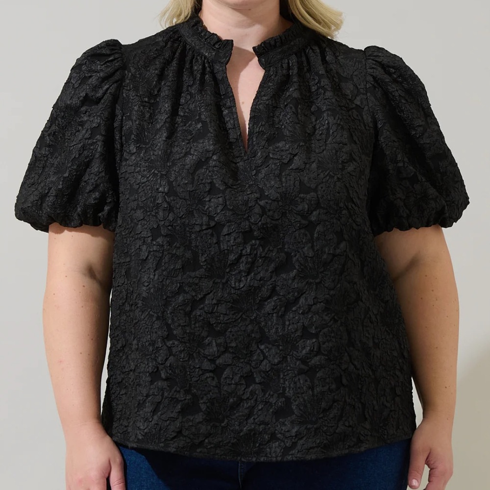 Sugarlips Curve Arielle Jacquard Split Neck Top in Black Plus Size